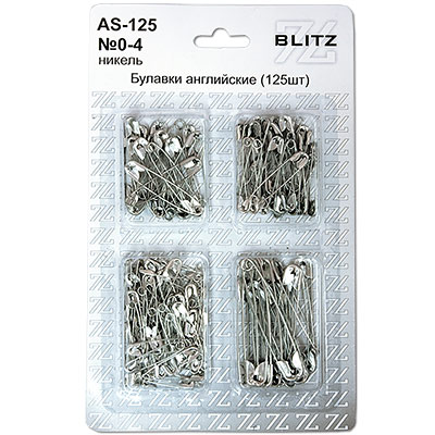 BLITZ Булавки английские AS-125 №0-4 ассорти под никель в блистере 125 шт